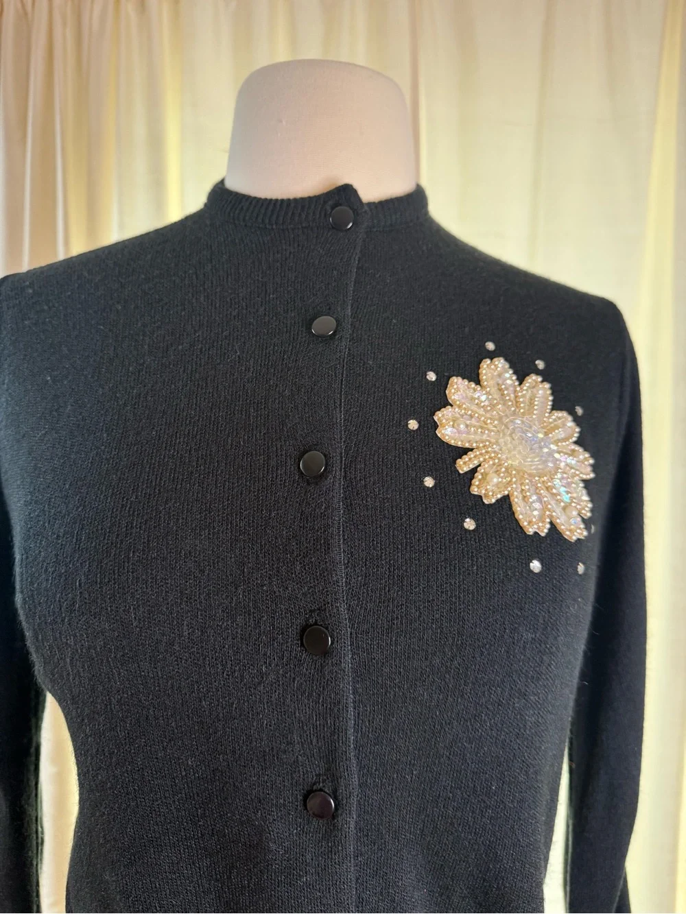 Vintage 1960s Black Women's Cardigan with Pearl and Sequin Floral Appliqué-S